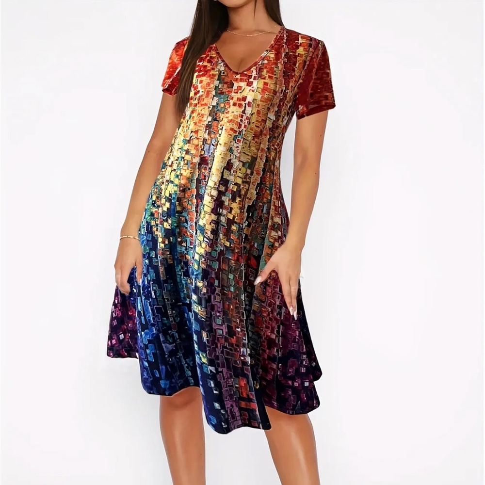 ABSTRACT PRINT COLOR BLOCK BOHEMIANS STYLE MULTICOLOR DRESSY CSDUAL DRESS SZ SM